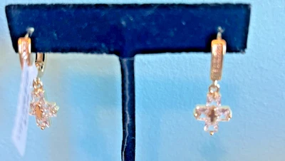 Unisex Gold Plated Stainless Silver CZ Cross Dangle Hoop Huggie Earrings 1 1/8" - Image 1 of 4