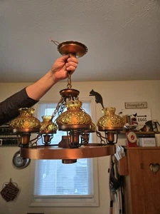 Vintage Wood / Copper 15" Wagon Wheel Hanging Light. Quilted Amber Shades - Picture 1 of 21