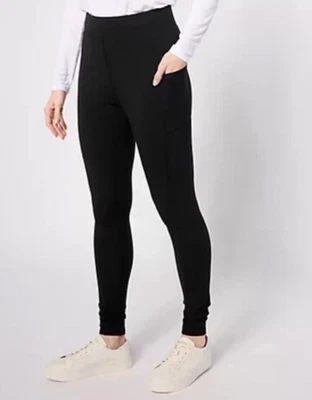 Denim & Co. Pantalón elástico Active Reg Duo con bolsillo lateral, negro, grande, A516264 nuevo con etiquetas Foto 1 de 4