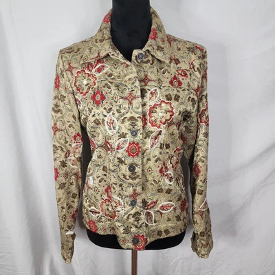 Jaqueta de tapeçaria jacquard brocado dourada e vermelha vintage anos 90 LAURA ASHLEY tamanho pequeno - Imagem 1 de 4