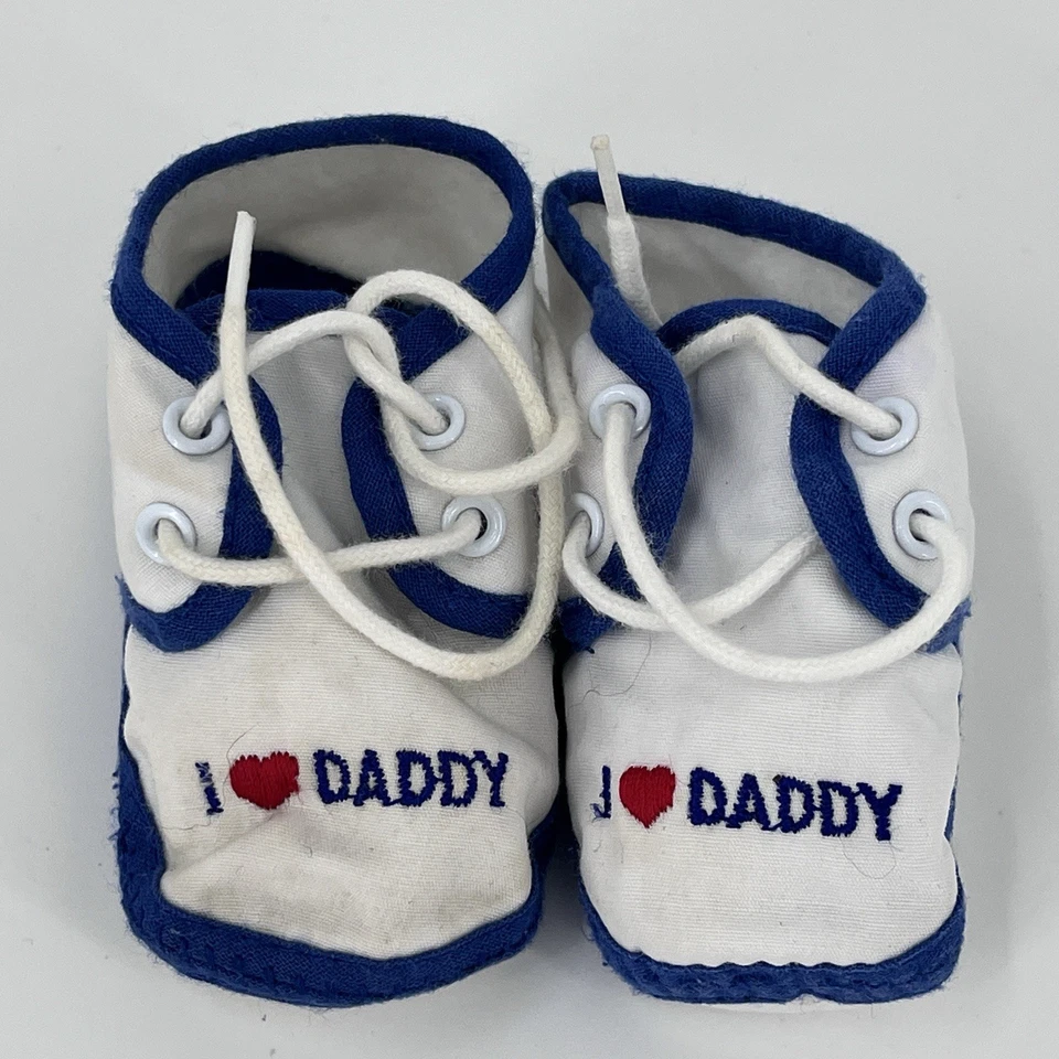 Винтажные детские кроссовки обувь - я люблю папу - младенца размер 0 - белый синий - Изображение 1 из 4