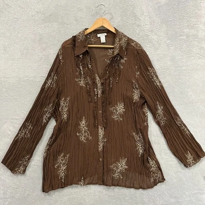 Blusa De Colección Worthington Botón Transparente Top 2X Bordada Floral Boho Y2K Informal Foto 1 de 4