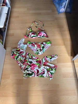Bikini 3 Teilig Mit Kurz Pareo / Rock M/L Bunt Pink Weiß Grün - Ungetragen - Bild 1 von 4