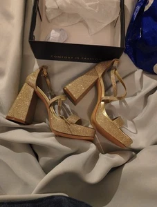 IDIFU Fay Chunky Block Heel Dress Sandal Open Toe (Size US 7) - Gold Glitter nib - Picture 1 of 9