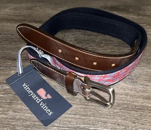 Vineyard Vines Men Belt 42" Bass Fish Brown Leather Canvas Club Cape Coral Blue - Picture 1 of 8
