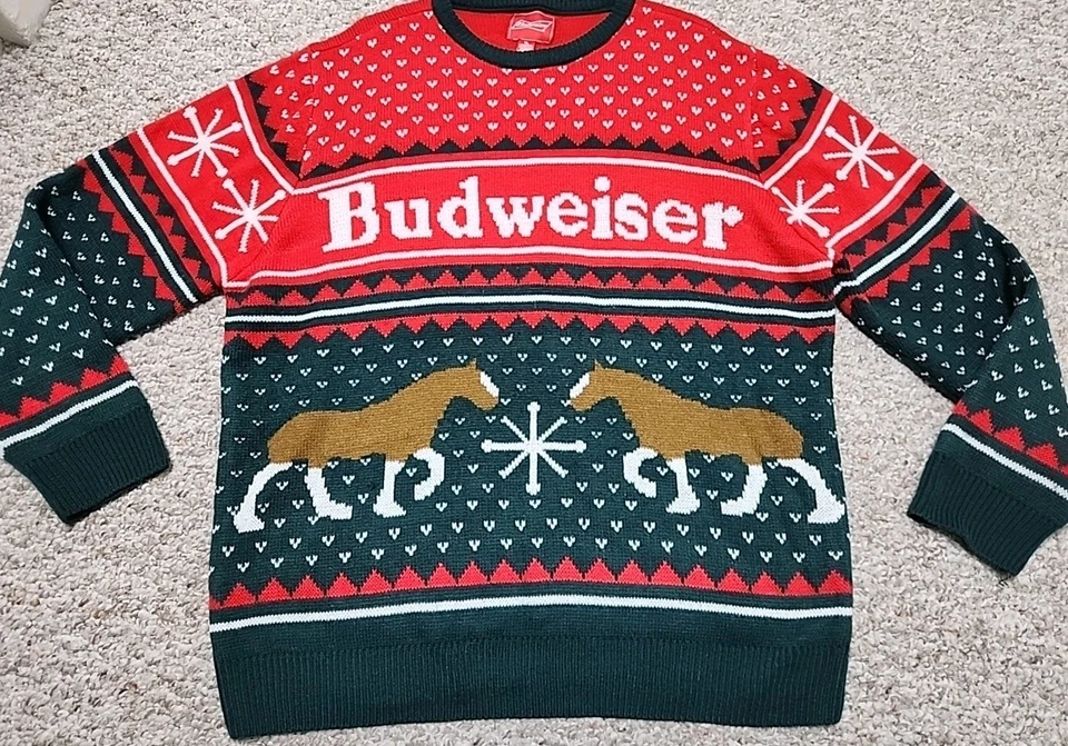 Suéter de Navidad Budweiser para Hombres XL Suéter Feo Cerveza Clydesdale Vacaciones Rojo  Foto 1 de 4
