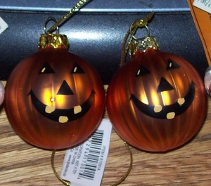 Paar TJ COLLECTION HALLOWEEN KÜRBIS / JACK O LATERNE ORNAMENTE ~ MUNDGEBLASENES GLAS - Bild 1 von 5