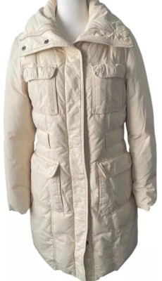 Casaco acolchoado feminino DKNY Parka S branco creme jaqueta longa vintage esqui militar - Imagem 1 de 4