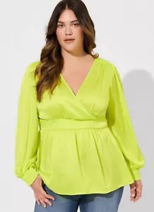 NWT Torrid Satin Surplice Tie Cut Out Back Neon Green Long Sleeve Blouse Size 4X - Picture 1 of 12