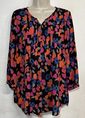 Blusa túnica mediana Mercer Madison negra naranja floral manga 3/4 botón cuello en V  Foto 1 de 4