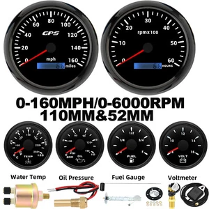 6 Gauge Set With Sensor 110mm Black GPS Speedo 160MPH&Tacho&Fuel/Oil/Temp/Volt - Picture 1 of 18