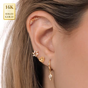Pendientes Huggie de Oro Sólido 14K REAL Bisel CZ Drop cartílago Óbulo Superior de la Oreja - Imagen 1 de 2