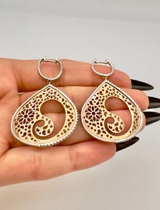 Designer 14K White & Rose Gold Pave Diamond Filigree Post Dangle Earrings - Picture 1 of 9