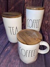 Rae Dunn COFFEE TEA Wood Lid Ceramic Canisters Matching Covered Mug Set 3 Pc NEW