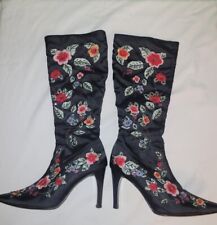 Details Womens Black Satin Zip Boots Floral Embroidery Sequin Beading Size 7B 