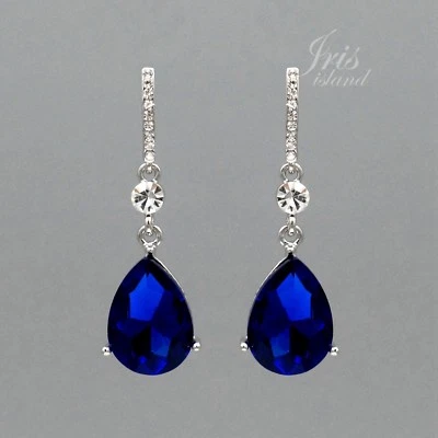 Pendientes colgantes de boda con estrás de cristal azul enchapados en rodio 239 para mujer Foto 1 de 4