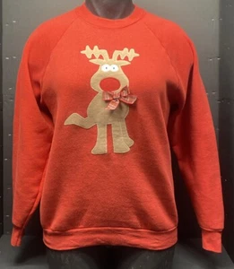 Felpa girocollo renna naso rosso natalizia vintage rossa taglia large USA - Foto 1 di 7