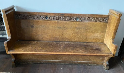 Church Pew bench- 6 foot, solid oak with carvings circa 1920's Cover