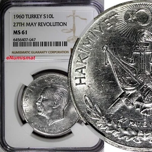 Turkey Silver 1960 10 Lira 27th May Revolution NGC MS61 KM# 894 (047) - Picture 1 of 4