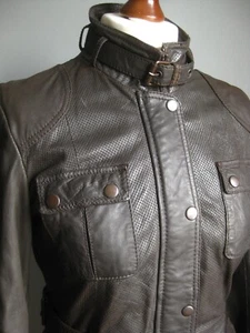 NEXT Echt Leder JACKE Biker Military Safari 10 Softgürtel perforiert Reißverschluss braun - Bild 1 von 14