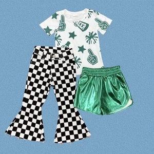 Girls Casual Sport Team Green Cheer Top With Checked Jeans Set - Picture 1 of 5
