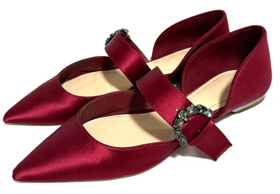Zara Woman Shoes Flats 37/US 6.5 Red Satin Mary Jane Strap Gem Buckle Pointy Toe - Image 1 of 4