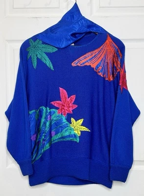 Suéter De Colección Años 80 Sicari Silks Azul Colorido Hawaiano Floral Manga Dolman Talla 10 Foto 1 de 4