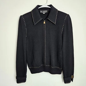 St John Knit Jacket Size 6 Full Zip Cardigan Gold Tone Accent Black TAILORED  - Picture 1 of 11