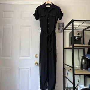 CLAUDE tulum black linen button up utility short sleeve work chore jumpsuit - Picture 1 of 8
