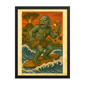 Criatura Surfin' de la Laguna Negra con taza Tiki enmarcada impresión artística original - Imagen 1 de 15