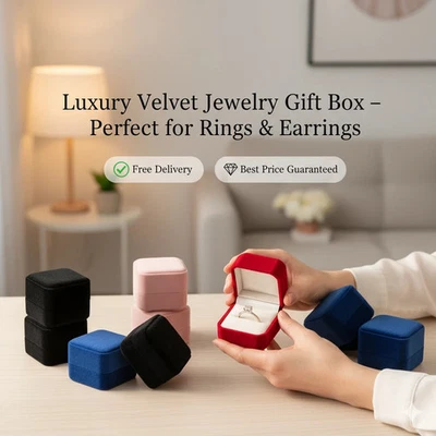 Luxury Black & Pink Velvet Jewellery Gift Box for Ring Earrings Wedding UK - Image 1 of 4