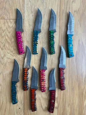 批量 10 件 8 英寸 手工制作 大马士革 Micarta 刀 带皮革鞘 G — 第 1/4 张图片