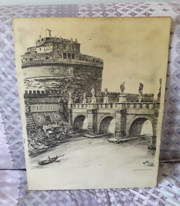 CASTELLO E PONTE S. ANGELO; STAMPA SU LEGNO FIRMATA STILE CARBONCINO, NO CORNICE - Foto 1 di 9