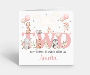Personalised 2nd Birthday Card Little Girl Pink Two Cute Zoo Animals - Picture 1 of 2