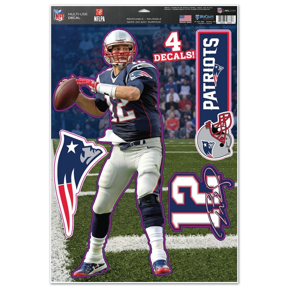 TOM BRADY NEW ENGLAND PATRIOTS 4 MULTI USE DECALS REMOVABLE REUSABLE WINCRAFT - Image 1 of 1