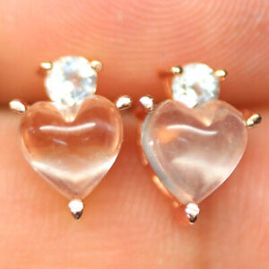 NATURAL 7 X 7 mm. WHITE TOPAZ &  CZ EARRINGS 925 SILVER ROSE GOLD COATED