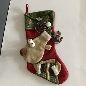 3 D Reindeer Christmas Stocking Green Red Gift Tree EUC. Great Condition!!! - Picture 1 of 3