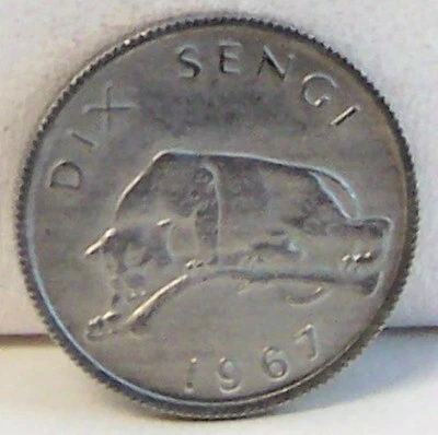 FIERCE CROUCHING LEOPARD CONGO 10 SENGI 1967 COIN uncirculated - Image 1 of 2