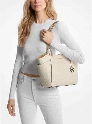 Michael Kors Jet Set Travel Large Chain Shoulder Tote Pale Gold MK Signature - Image 1 of 3