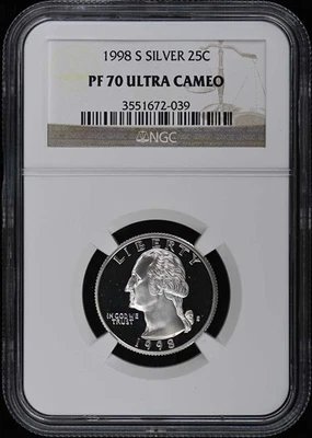 1998 S SILVER Washington Quarter 25C NGC PR70DCAM - Image 1 of 2