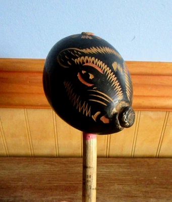 Guatemalan Hand Made Etched/Carved Animal Face Maraca - Image 1 of 4