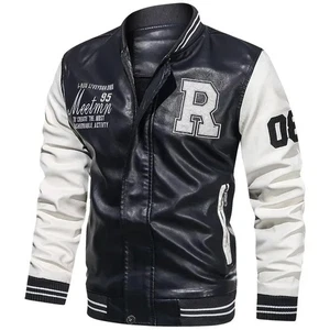 PU Leather Baseball Collar Jacket Pilot Style Biker Coat Men’s Casual - Picture 1 of 5