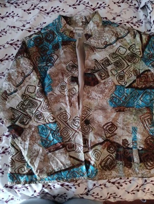 Vintage Chico's Men Silk Brown Blue Long Sleeve Hippie Retro Jacket Size 2 - Image 1 of 4