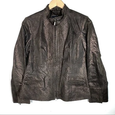 Alfani Marrón Cremallera Completa 100% Cuero Estampado Reptil Chaqueta Mujer Talla Pequeña S Foto 1 de 4