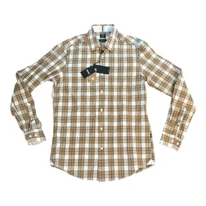Camisa HUGO BOSS Algodón Orgánico Abotonada Cuadros Lukas Blanco Tostado Nueva con Etiquetas Pequeña - Imagen 1 de 8