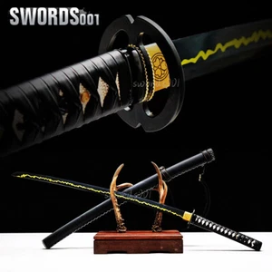 handmade Japanese Sword Samurai Katana black Carbon Steel blade PU leather saya - Picture 1 of 10