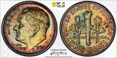 MS65FB 1962 10C Roosevelt Silver Dime, PCGS Trueview- Pretty Rainbow Toned - Image 1 of 4
