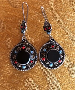 Vintage Uzbek Alpaka Black Onyx Traditional Earrings Tribal Bohemian Boho - Picture 1 of 5