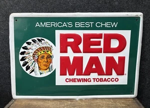 Vintage 60s 70s Red Man Chewing Tobacco Advertising Embossed Metal Sign 18”x 12” - Picture 1 of 11