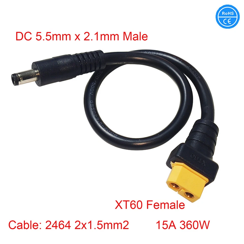 XT60 Female Bullet Connector to Male DC 5.5mm X 2.1mm Power FPV Charging Cable - Image 1 of 4